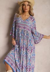 Niebiesko-Fioletowa Rozkloszowana Sukienka we Wzór Paisley z Rękawem 3/4 Briarwa. Niebieskie sukienki Renee, l, bez wzorów, eleganckie, bez kołnierzyka, bez ramiączek, maxi, rozkloszowane. Za 74.99 zł.