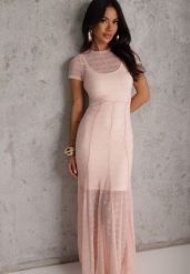 Różowa Wieczorowa Sukienka z Siateczki z Wiskozą na Krótki Rękaw Chareino. Czerwone sukienki Renee, na imprezę, l, bez wzorów, z tkaniny, wizytowe, bez kołnierzyka, bez ramiączek, maxi. Za 209.99 zł.