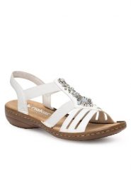 Rieker Sandały 60839-80 Biały. Białe sandały Rieker, bez wzorów, z materiału, bez obcasa, na płaskiej podeszwie, bez zapięcia. Za 239.99 zł.