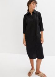 Sukienka szmizjerka z bawełnianej popeliny. Czarne sukienki bonprix, bez wzorów, z bawełny, bez kołnierzyka, bez ramiączek, plisowane. Za 129.99 zł.