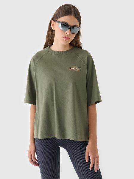 4F T-shirt oversize z nadrukiem damski - oliwkowy/khaki L. Brązowe t-shirty 4f, l, bez wzorów, z bawełny, bez kołnierzyka, bez ramiączek. W wyprzedaży za 29.99 zł.