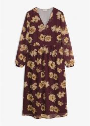 Sukienka midi z nadrukiem. Brązowe sukienki bonprix, bez wzorów, bez kołnierzyka, bez ramiączek, midi. Za 139.99 zł.