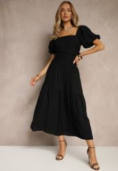 Czarna Sukienka Wiskozowa Drapowana z Rozkloszowanym Dołem Naprine. Czarne sukienki Renee, na co dzień, m, bez wzorów, z wiskozy, eleganckie, bez kołnierzyka, bez ramiączek, midi, rozkloszowane. Za 109.99 zł.