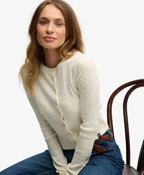Superdry Lekki kardigan Essential z bawełny. Białe kardigany Superdry, uniwersalny, z aplikacjami, z bawełny. Za 254.05 zł.