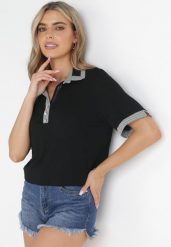 Czarny T-shirt Polo z Ozdobnymi Taśmami i Cyrkoniami Kythy. Czarne koszulki polo Born2be, l, bez wzorów, bez kołnierzyka, bez ramiączek. W wyprzedaży za 55.99 zł.