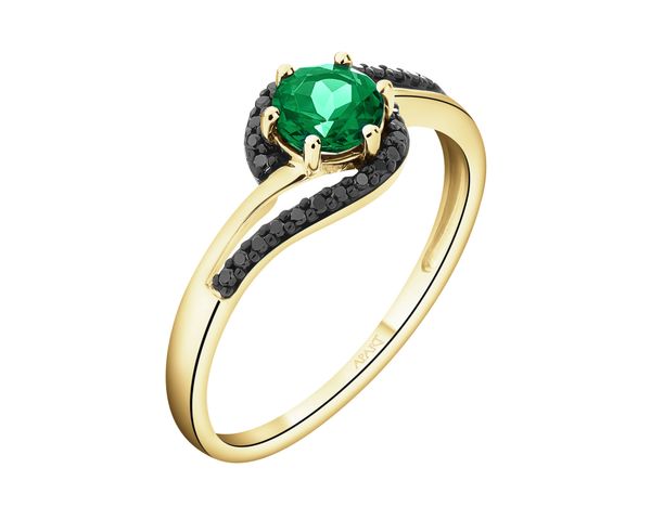 Pierścionek z żółtego złota z czarnymi brylantami i szmaragdem syntetycznym - próba 585. Czarne pierścionki Apart, z brylantem, złote. Za 2,359.00 zł.