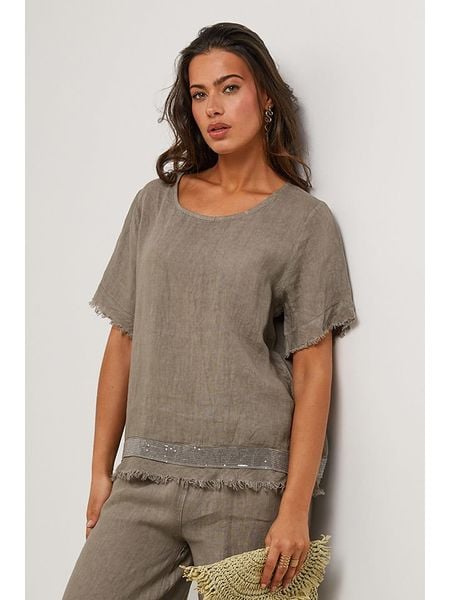 Le Monde du Lin Lniana bluzka w kolorze beżowym rozmiar: 38/40. Brązowe bluzki Le Monde du Lin, bez wzorów, ze lnu, klasyczne, bez kołnierzyka, bez ramiączek. Za 122.67 zł.