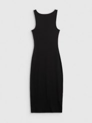 4F Sukienka z prążkowanej dzianiny damska - czarna S. Czarne sukienki 4f, na co dzień, s, bez wzorów, z dzianiny, eleganckie, bez kołnierzyka, bez ramiączek, dopasowane. Za 99.99 zł.