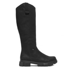 Kozaki Rieker. Czarne kozaki Rieker, bez obcasa, na płaskiej podeszwie, bez zapięcia. Za 429.99 zł.