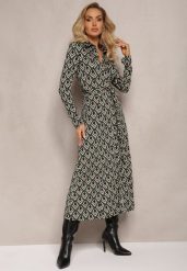 Zielona Koszulowa Sukienka Maxi w Geometryczny Wzór z Paskiem Oniufe. Zielone sukienki Renee, s, bez wzorów, z materiału, bez kołnierzyka, bez ramiączek, maxi, koszulowe. Za 89.99 zł.