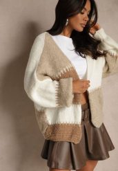 Brązowy Kardigan z Domieszką Wełny i Wiskozy w Patchworkowym Stylu Fesolinne. Brązowe kardigany Renee, s, bez wzorów, z jeansu. Za 149.99 zł.