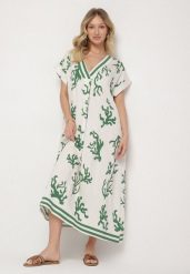Zielono-Beżowa Sukienka z Lnem i Wiskozą o Pudełkowym Kroju Sadirene. Zielone sukienki Born2be, na co dzień, na lato, l, bez wzorów, z wiskozy, eleganckie, bez kołnierzyka, bez ramiączek, maxi. Za 74.99 zł.
