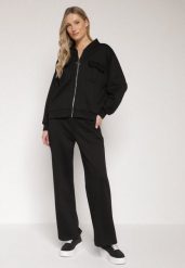Czarny Bawełniany Komplet Dresowy Bluza na Suwak i Spodnie Tevrisa. Czarne bluzy sportowe Born2be, l, bez wzorów, z bawełny, bez kaptura. Za 189.99 zł.