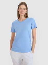 4F T-shirt regular gładki damski - niebieski L. Niebieskie t-shirty 4f, l, bez wzorów, z bawełny, bez kołnierzyka, bez ramiączek. Za 49.99 zł.