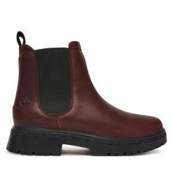 Sztyblety Timberland. Czerwone botki Timberland, bez wzorów, bez obcasa, na płaskiej podeszwie, bez zapięcia. Za 779.99 zł.