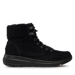 Trzewiki Skechers. Czarne botki Skechers, bez wzorów, bez obcasa, na płaskiej podeszwie, bez zapięcia. Za 259.99 zł.