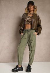Ciemnozielone Spodnie Cargo z Bawełną High Waist Kolanielis. Zielone spodnie materiałowe Renee, na co dzień, l, bez wzorów, z bawełny, z podwyższonym stanem. Za 44.99 zł.