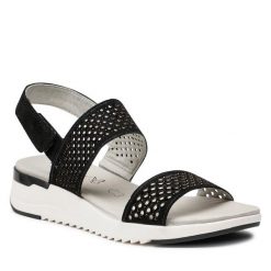Sandały Caprice. Czarne sandały Caprice, bez wzorów, bez obcasa, na płaskiej podeszwie, bez zapięcia. Za 259.99 zł.