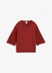 Sweter z mieszanki bawełny i lnu. Brązowe swetry bonprix, w ażurowe wzory, z bawełny, bez ramiączek. Za 109.99 zł.
