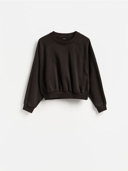 Gładka bluza - ciemnobrązowy. Brązowe bluzy Reserved, l, bez wzorów, z bawełny, bez kaptura. Za 69.99 zł.