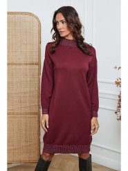 So Cachemire Sukienka dzianinowa "Linoa" w kolorze bordowym rozmiar: M. Czerwone sukienki So Cachemire, na co dzień, m, bez wzorów, z dzianiny, bez kołnierzyka, bez ramiączek, midi, proste. Za 179.22 zł.