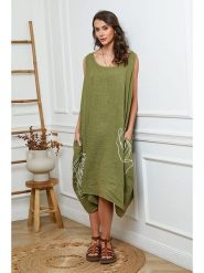 Joséfine Lniana sukienka w kolorze khaki rozmiar: XL. Brązowe sukienki Joséfine, na co dzień, xl, bez wzorów, ze lnu, z asymetrycznym kołnierzem, bez ramiączek, midi, asymetryczne. Za 248.45 zł.