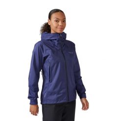 Kurtka przeciwdeszczowa damska Rab Downpour Plus 2.0 Jacket z kapturem. Niebieskie kurtki sportowe RAB, bez wzorów, z kapturem, trekkingowe. Za 409.99 zł.