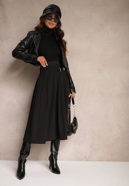 Czarna Plisowana Spódnica o Rozkloszowanym Kroju w Stylu Preppy z Paskiem Setina. Czarne spódnice Renee, do pracy, m, bez wzorów, biznesowe, midi, dopasowane. Za 169.99 zł.