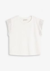 Koszulka z poduszkami na ramionach. Czarne bluzki bonprix, bez wzorów, eleganckie, bez kołnierzyka, bez ramiączek. Za 49.99 zł.
