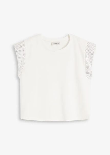 Koszulka z poduszkami na ramionach. Czarne bluzki bonprix, bez wzorów, eleganckie, bez kołnierzyka, bez ramiączek. Za 49.99 zł.