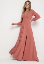 Różowa Rozkloszowana Sukienka Koktajlowa z Bufiastymi Rękawami i Rozcięciem na Nogę Erqellia. Czerwone sukienki Born2be, na imprezę, l, bez wzorów, wizytowe, bez kołnierzyka, bez ramiączek, maxi, rozkloszowane. Za 179.99 zł.