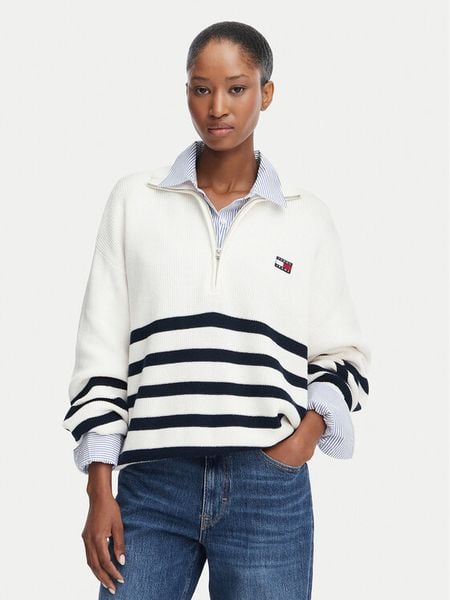 Tommy Jeans Sweter DW0DW22928 Kremowy Regular Fit. Białe swetry Tommy Jeans, m, bez wzorów, z bawełny, bez ramiączek. Za 363.99 zł.