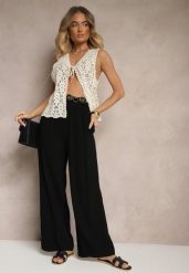 Czarne Spodnie Palazzo o Szerokim Kroju High Waist Ozdobione Wiązaniem Sonariella. Czarne spodnie materiałowe Renee, do pracy, m, bez wzorów, z jeansu, z podwyższonym stanem. Za 59.99 zł.