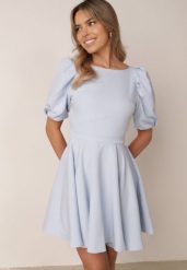 Niebieska Koktajlowa Sukienka z Bufkami Odkrytymi Plecami i Wiązaniem z Tyłu Lilpea. Niebieskie sukienki Born2be, na imprezę, l, bez wzorów, eleganckie, bez kołnierzyka, bez ramiączek, mini, kopertowe. Za 249.99 zł.
