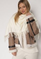 Jasnobeżowy Trójkątny Szalik z Wiskozy i Bawełny z Frędzlami Vetirala. Brązowe szaliki Born2be, bez wzorów, z bawełny, biznesowe. Za 44.99 zł.