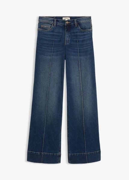 Dżinsy z szerokimi nogawkami o średnim stanie, pełna długość. Niebieskie jeansy bonprix, bez wzorów. Za 124.99 zł.