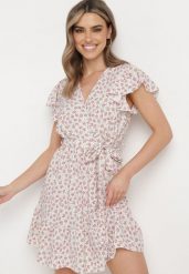 Beżowo-Fioletowa Sukienka w Kwiatki z Gumką w Pasie i Materiałowym Paskiem Ozdobiona Falbanką Monnesa. Brązowe sukienki Born2be, l, bez wzorów, z bawełny, eleganckie, bez kołnierzyka, bez ramiączek, mini. Za 39.99 zł.