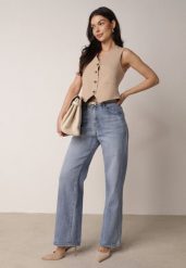 Niebieskie Szerokie Jeansy z Bawełny z Wysokim Stanem Berinielle. Niebieskie jeansy Born2be, l, bez wzorów, z podwyższonym stanem. Za 99.99 zł.