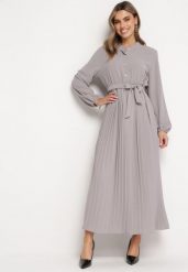 Ciemnoszara Rozkloszowana Sukienka Maxi z Plisowanym Dołem i Wiązanym Paskiem Nollira. Szare sukienki Born2be, bez wzorów, eleganckie, bez kołnierzyka, bez ramiączek, maxi, plisowane. Za 119.99 zł.