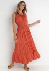 Czerwona Sukienka Abill. Czerwone sukienki Born2be, na lato, l, bez wzorów, boho, bez kołnierzyka, bez ramiączek, maxi. Za 79.99 zł.