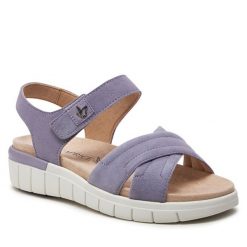 Sandały Caprice. Fioletowe sandały Caprice, bez wzorów, bez obcasa, na płaskiej podeszwie, bez zapięcia. Za 339.99 zł.