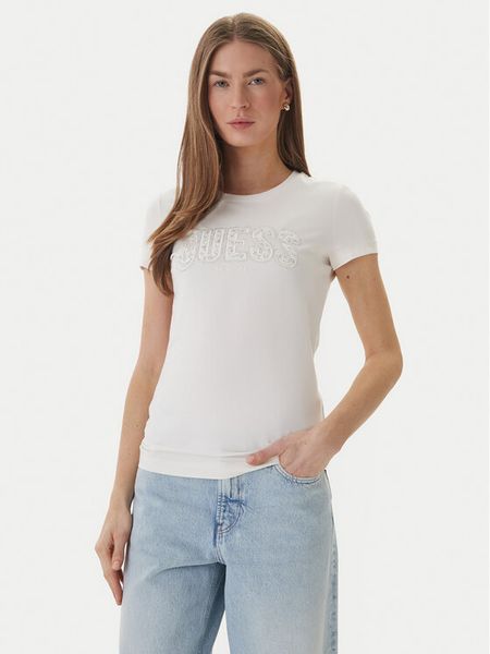 Guess T-Shirt W5GI04 J1314 Biały Slim Fit. Białe t-shirty Guess, m, z aplikacjami, z bawełny, bez kołnierzyka, bez ramiączek. Za 106.99 zł.