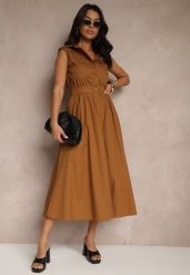 Brązowa Sukienka Koszulowa z Bawełny Ozdobiona Kieszonkami Saviette. Brązowe sukienki Renee, na co dzień, m, bez wzorów, z bawełny, eleganckie, bez kołnierzyka, bez ramiączek, maxi, koszulowe. Za 99.99 zł.