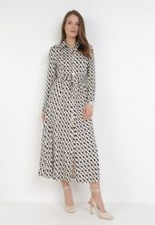 Beżowa Sukienka Bathiphaeia. Brązowe sukienki Born2be, l, bez wzorów, z materiału, eleganckie, bez kołnierzyka, bez ramiączek, midi, koszulowe. Za 159.99 zł.