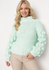 Miętowy Golf w Ozdobny Splot Asaipal. Zielone golfy Born2be, bez wzorów, z dzianiny, bez ramiączek. Za 159.99 zł.