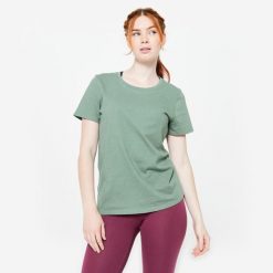 Koszulka z krótkim rękawem damska Domyos Gym & Pilates. Bluzki DOMYOS, xs, bez wzorów, z bawełny, sportowe, bez kołnierzyka, bez ramiączek. Za 39.99 zł.
