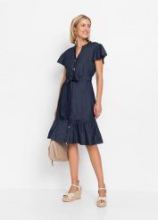 Sukienka jeansowa z bawełny organicznej. Niebieskie sukienki bonprix, bez wzorów, z bawełny, bez kołnierzyka, bez ramiączek. Za 119.99 zł.