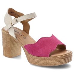 Sandały damskie Vinceza, cholewka ze skóry naturalnej zapinane na sprzączkę, różowe, 66943. Czerwone sandały VINCEZA, bez wzorów, ze skóry, bez obcasa, na obcasie, bez zapięcia. Za 169.00 zł.