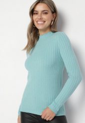 Miętowy Klasyczny Sweter z Półgolfem Temiera. Zielone swetry Born2be, m, bez wzorów, z jeansu, bez ramiączek. Za 44.99 zł.