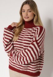 Bordowy Golf z Domieszką Wełny w Paski Monallia. Czerwone golfy Born2be, m, bez wzorów, z jeansu, bez ramiączek. Za 159.99 zł.